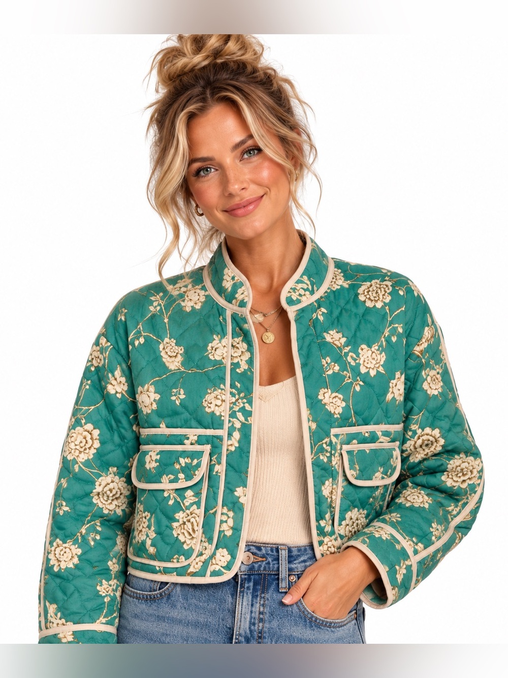 7 For All Mankind Quilted Floral Crop Jacket Green Size S